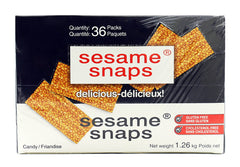 Sesame Snaps front packaging showing 36 individually wrapped bars and bulk box benefit