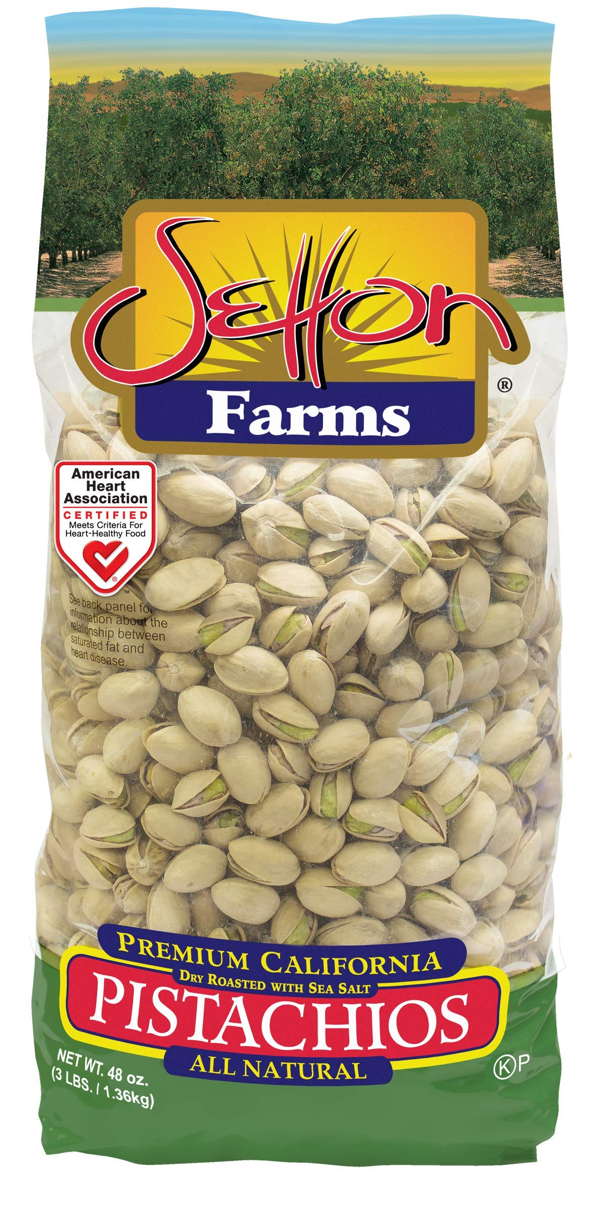 Setton Farms front of bag showing 3 lb resealable package and sea salt flavor benefit