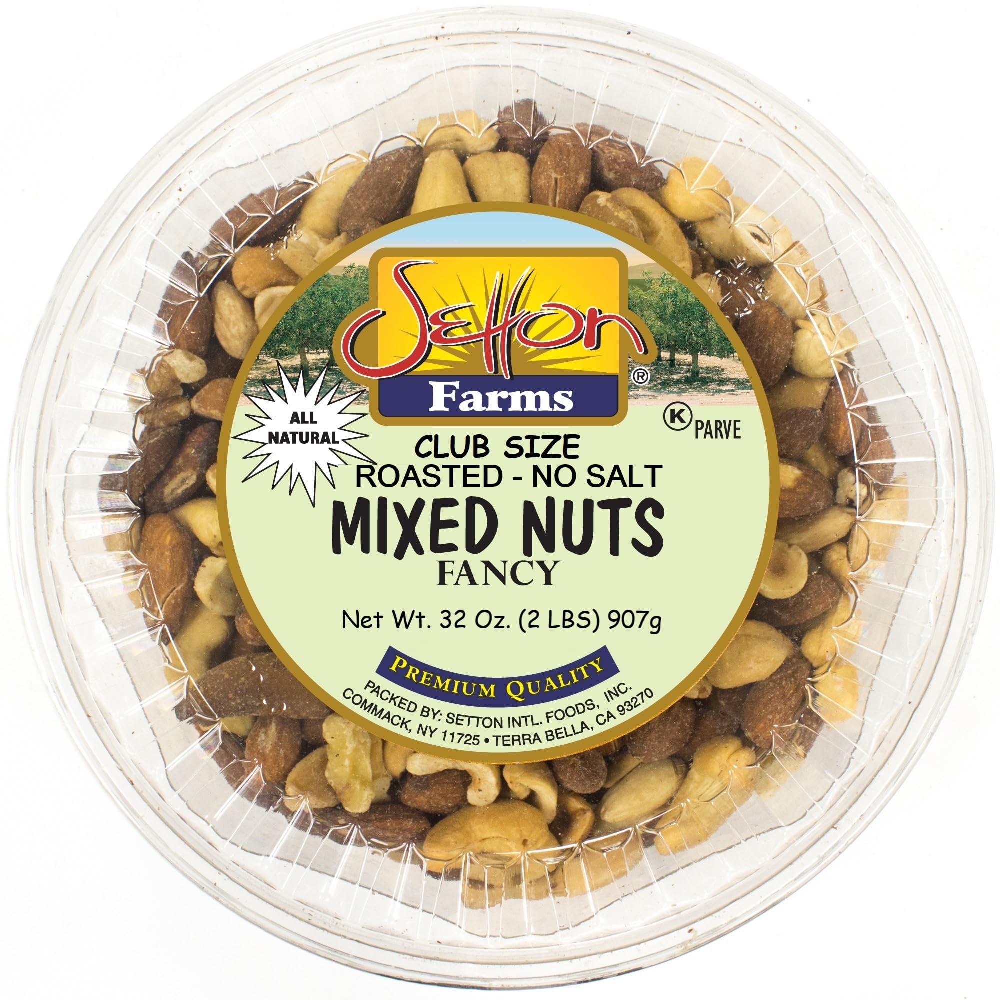 Setton Farms front packaging showing fancy deluxe mixed nuts and kosher label for confidence