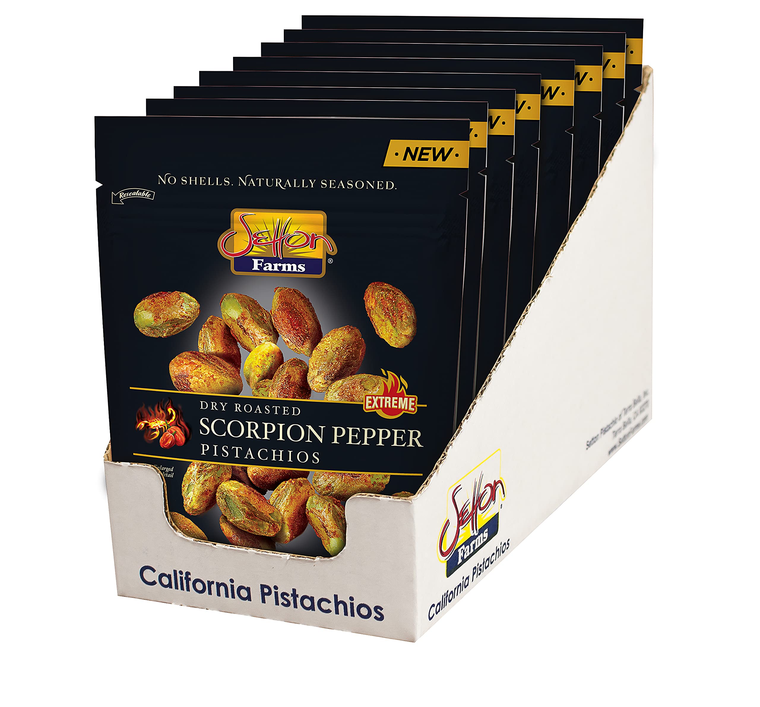 Setton Farms front packaging showing spicy scorpion pepper pistachio pouches with bold label and heat appeal