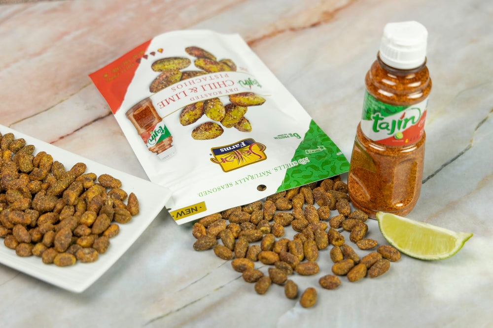 Setton Farms Tajin pistachios served in a bowl ready to eat, offering bold chili-lime flavor for sharing