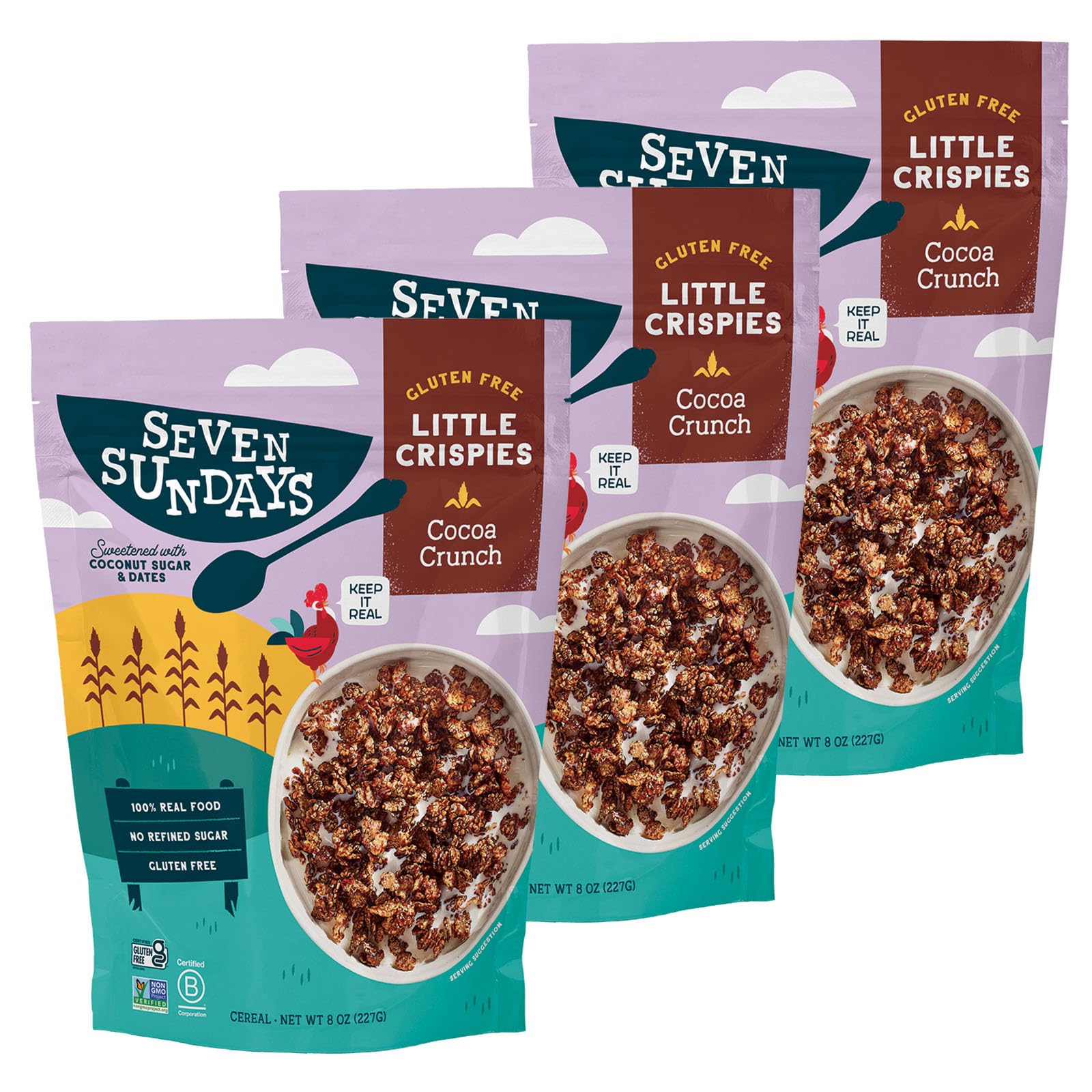 Seven Sundays front packaging showing cocoa crunch and clean-ingredient promise