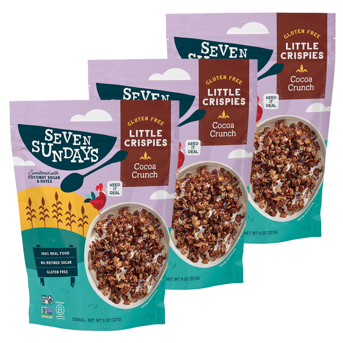 Seven Sundays front packaging showing cocoa crunch and clean-ingredient promise