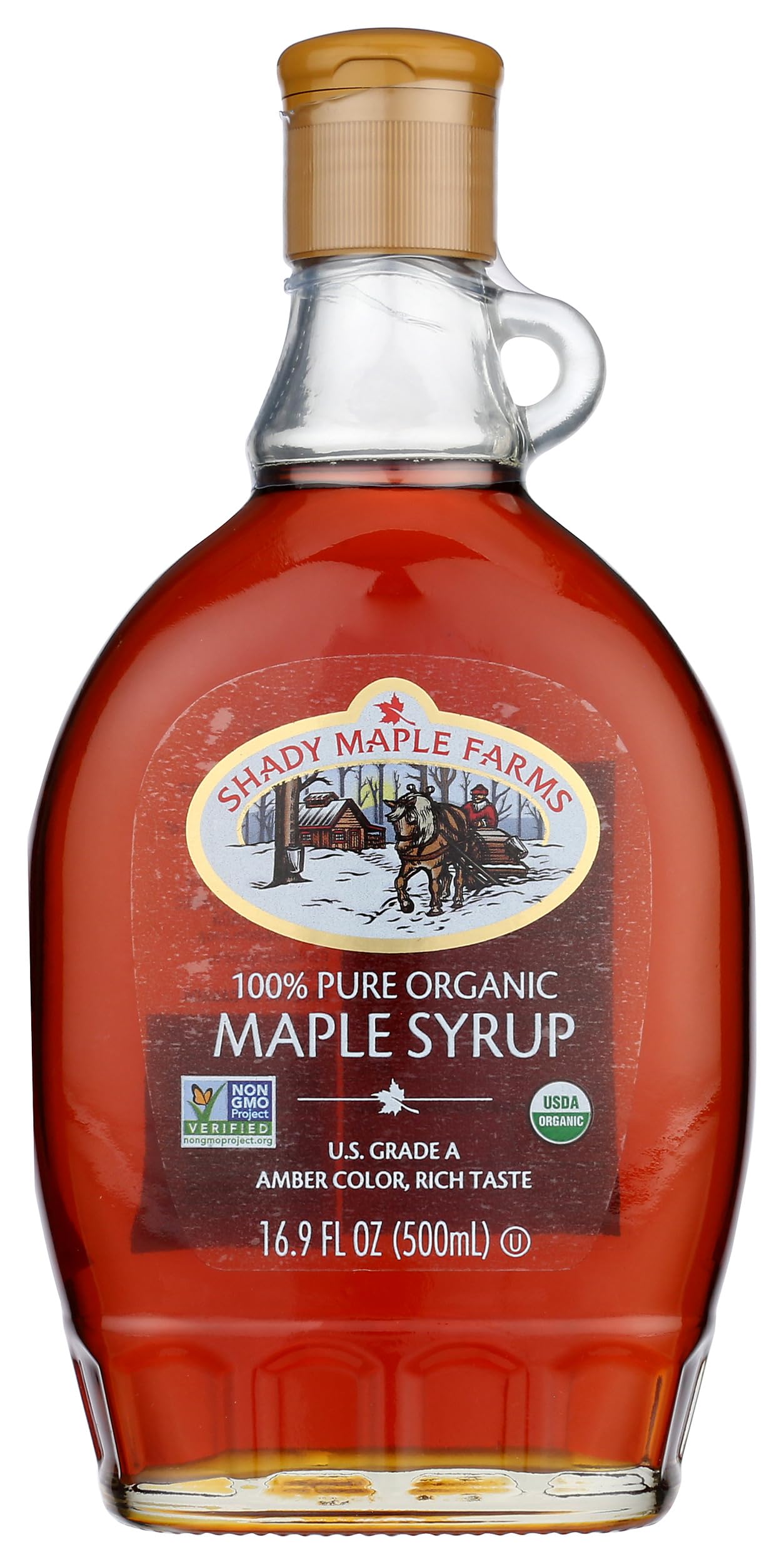 Shady Maple Farm front bottle showing clean packaging and pure syrup benefit