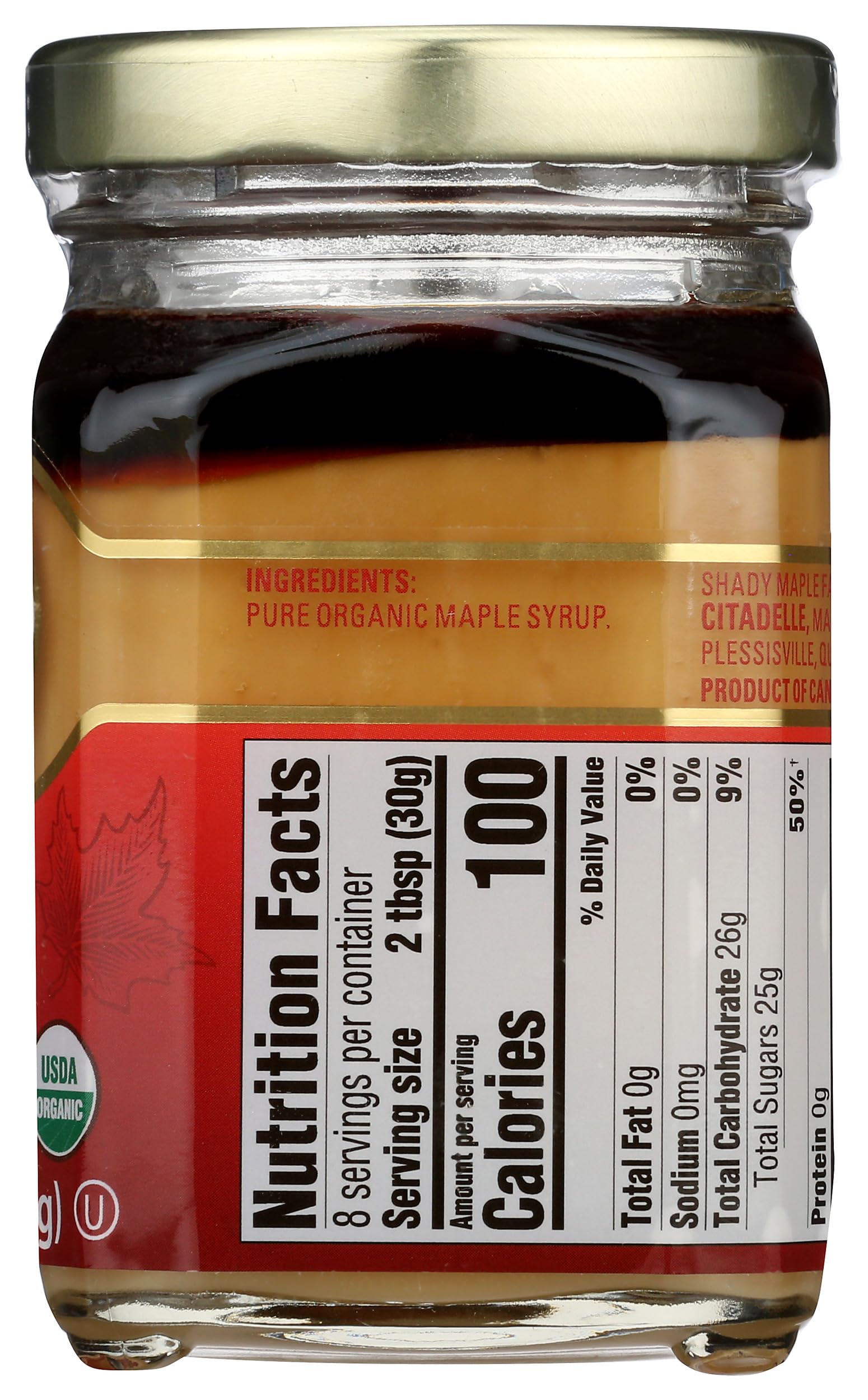 Hand holding Shady Maple Farms jar to show 9.2-ounce scale and convenience