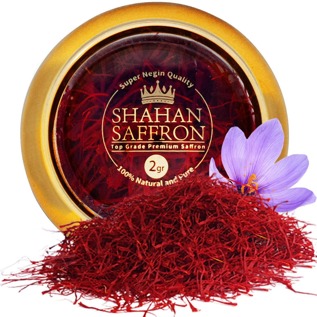 SHAHAN SAFFRON front packaging showing premium 2g jar and seal, conveys authenticity