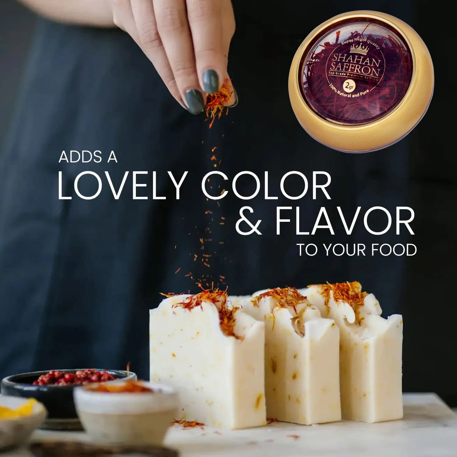 SHAHAN SAFFRON sprinkled on cooked rice showing vibrant color and enhanced presentation