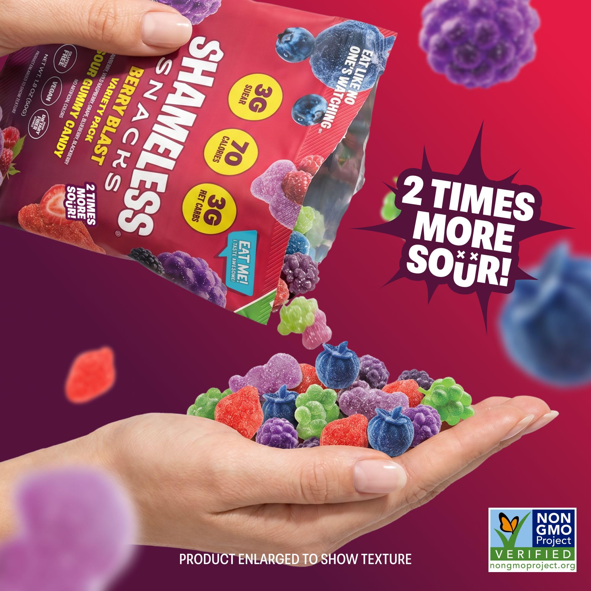 Shameless brand open pouch with gummies highlighting portion control