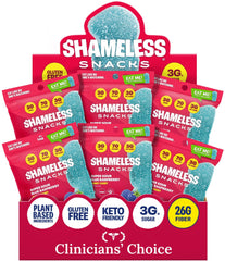 Shameless front packaging showing bold blue raspberry and portion size benefit