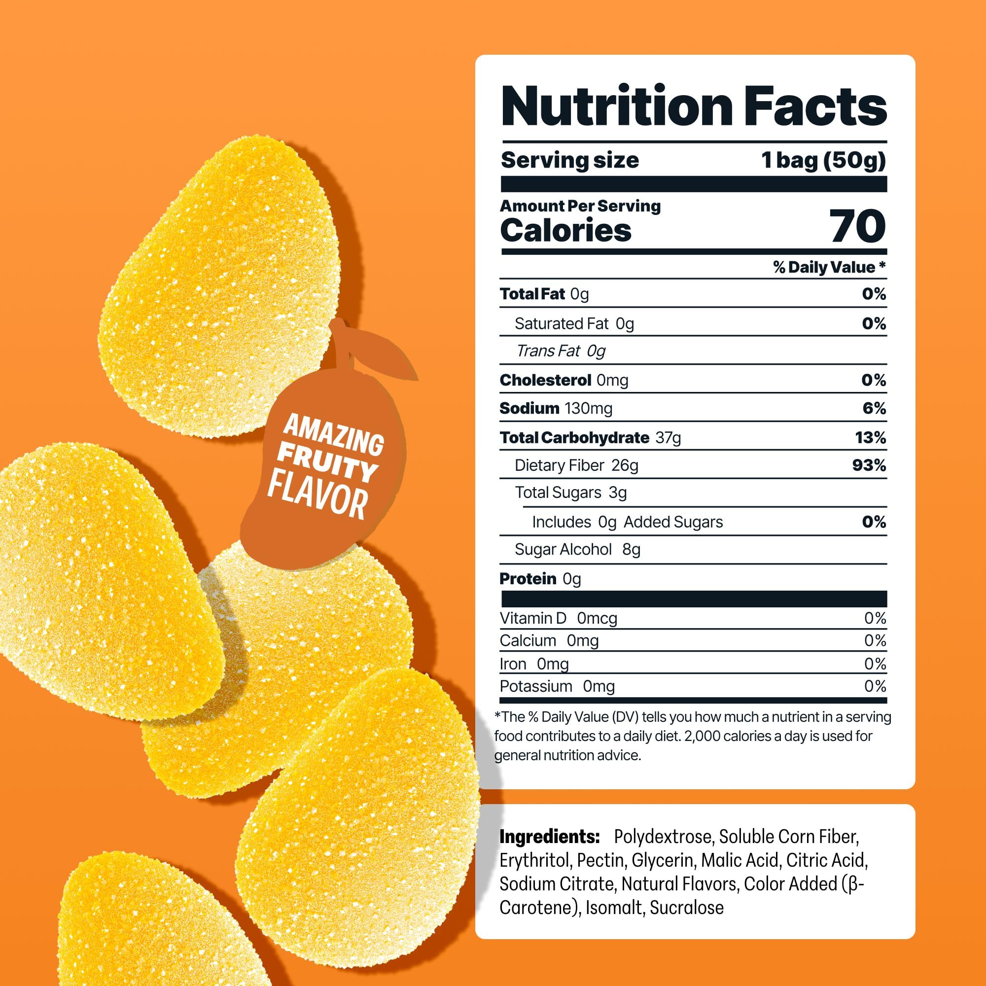 Shameless mango gummy coated in sour sugar emphasizing bold sour taste
