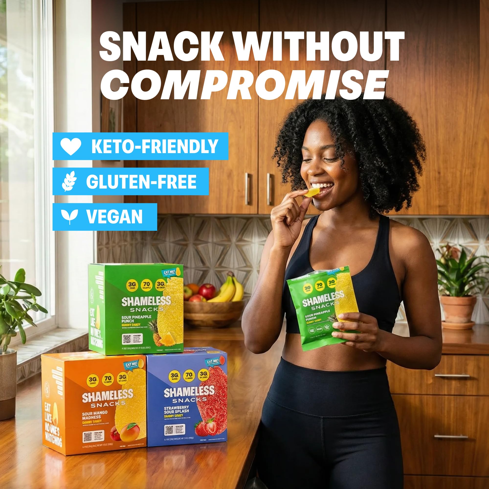 Shameless single-serve bag in hand for portion control and portability