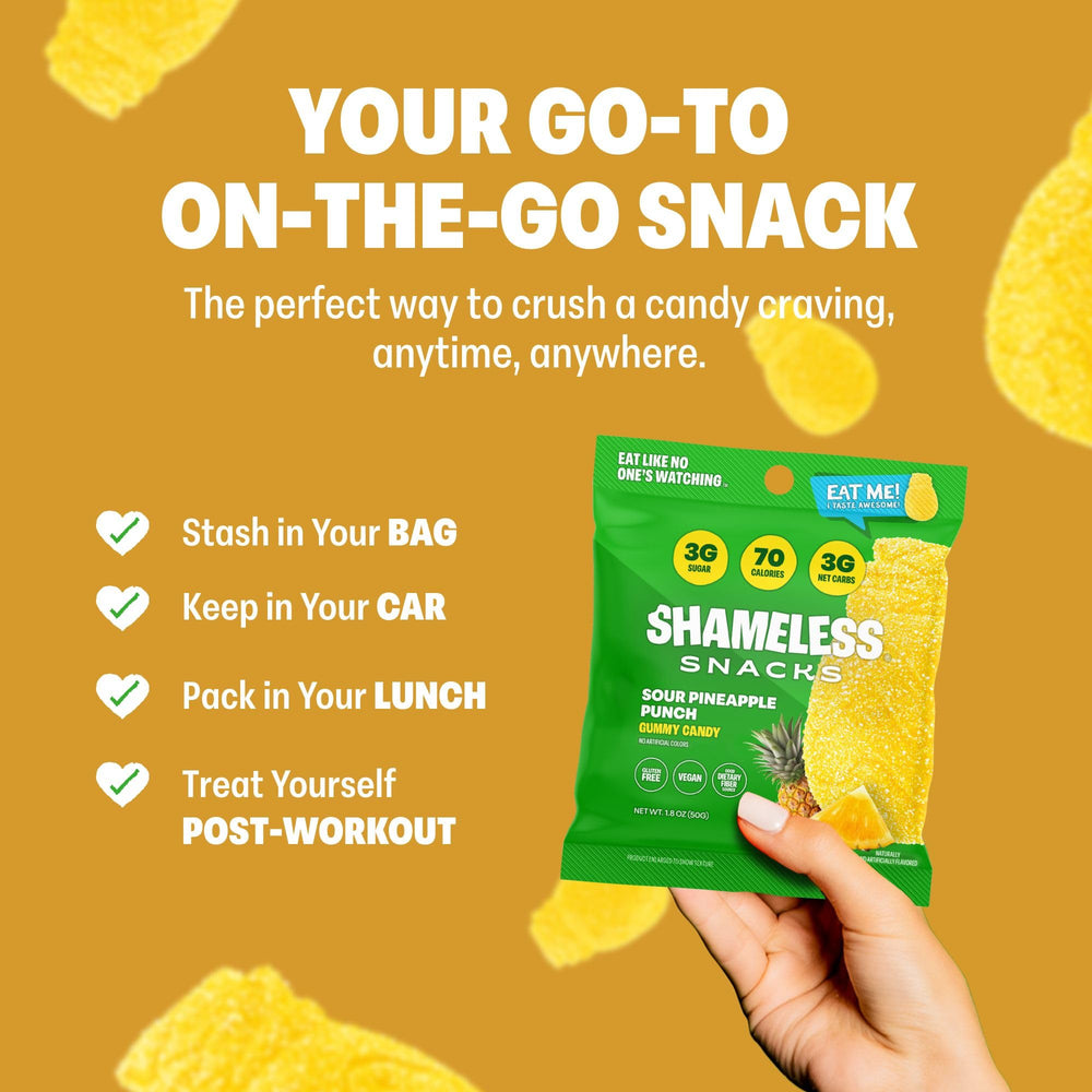 Shameless gummies on a movie-night setup offering flavorful low-sugar treat