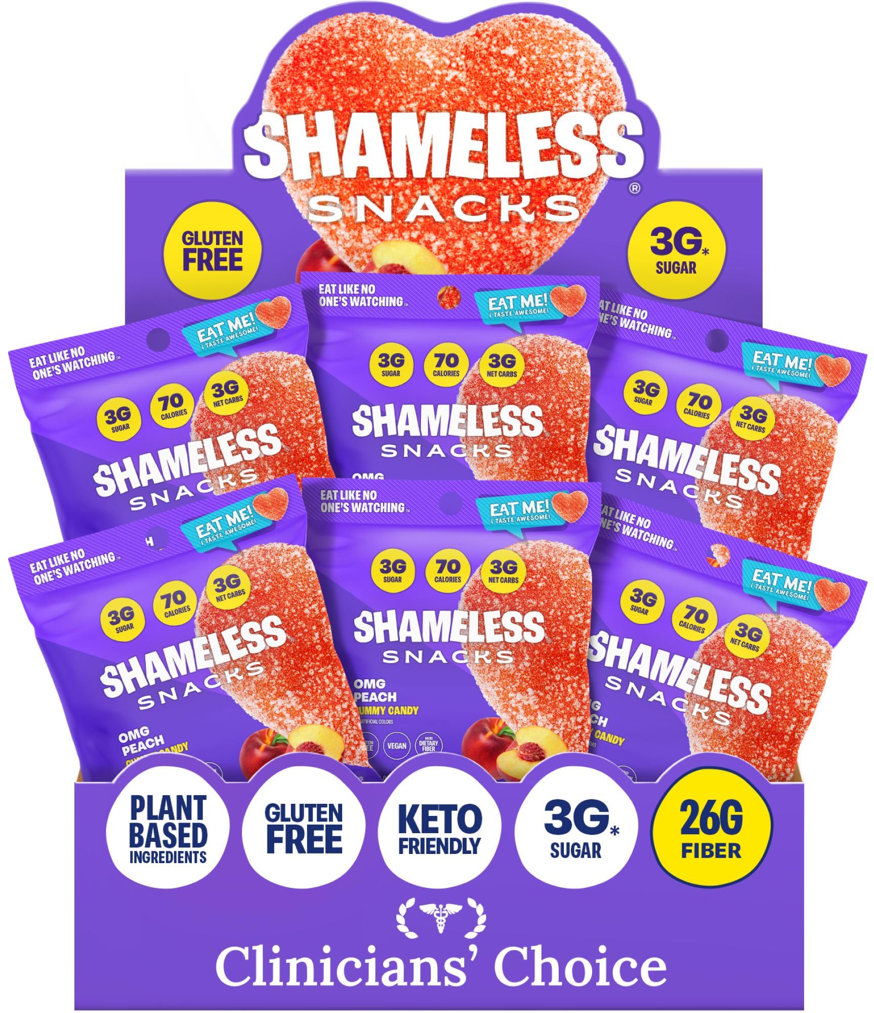 Shameless front packaging showing bold peach branding and low sugar benefit