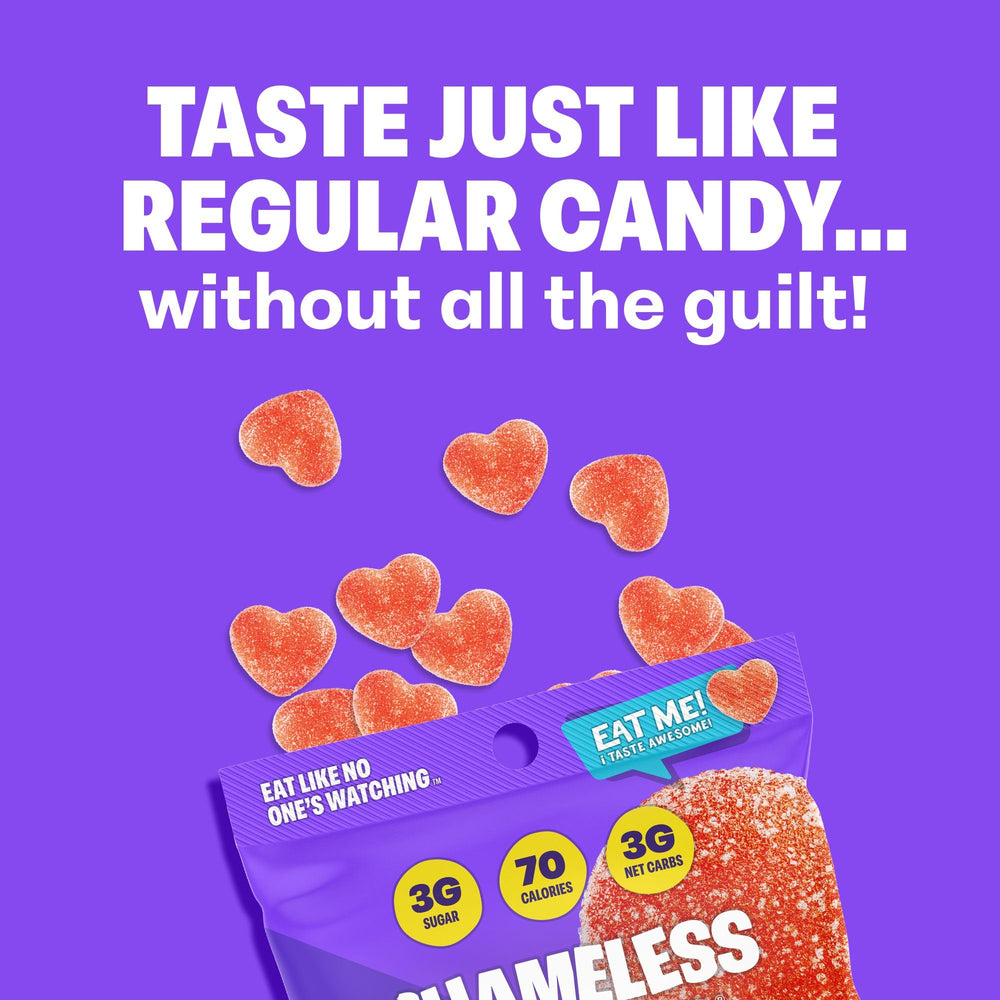 Shameless opened bag spilling peach gummies highlighting grab-and-go convenience