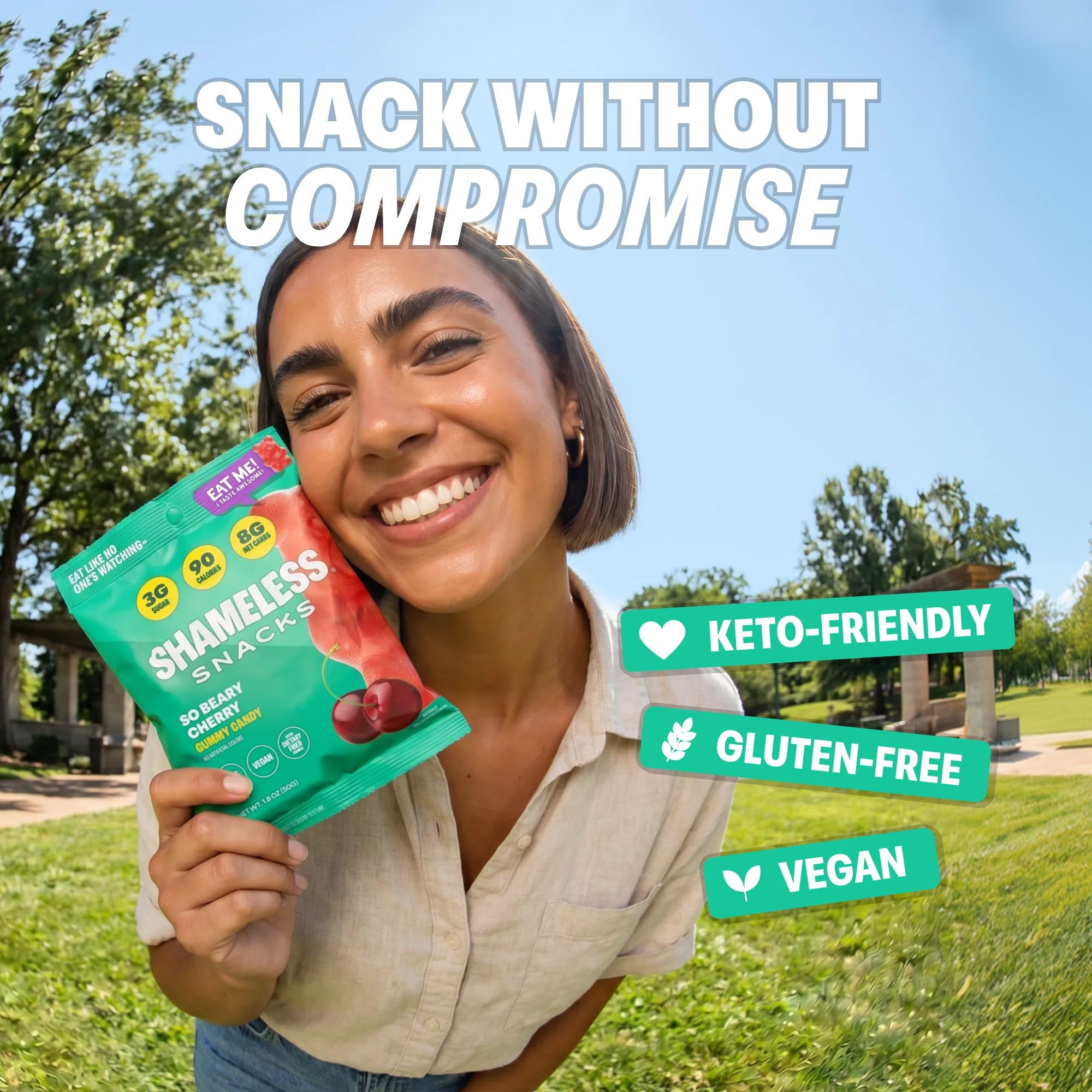 Single cherry gummy in hand, Shameless convenient on-the-go snack advantage