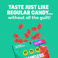 Open bag revealing cherry gummy bears, Shameless brand and portion control benefit