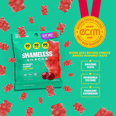 Hand holding gummies next to a coin for scale, Shameless portion size clarity