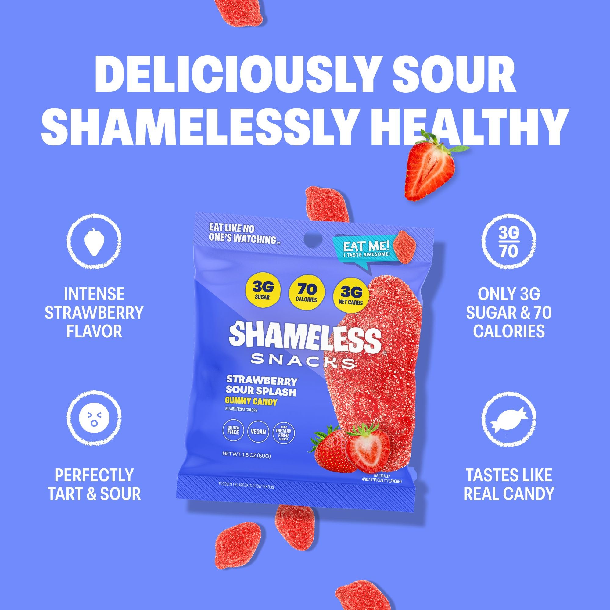 Shameless close-up of sour strawberry gummies highlighting chewy texture benefit