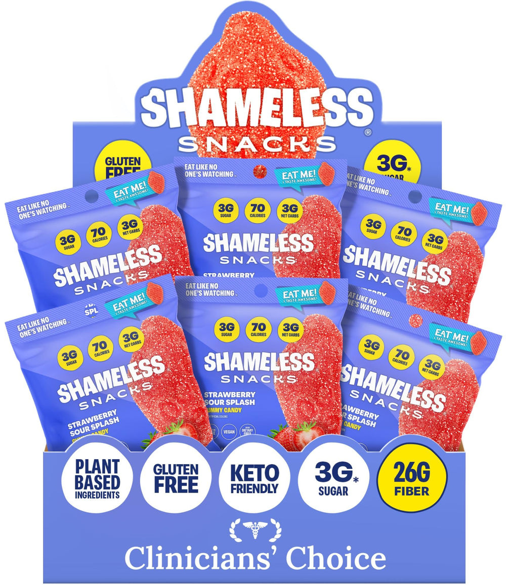 Shameless pack front showing keto-friendly label and bold strawberry appeal