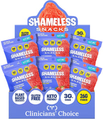 Shameless pack front showing keto-friendly label and bold strawberry appeal
