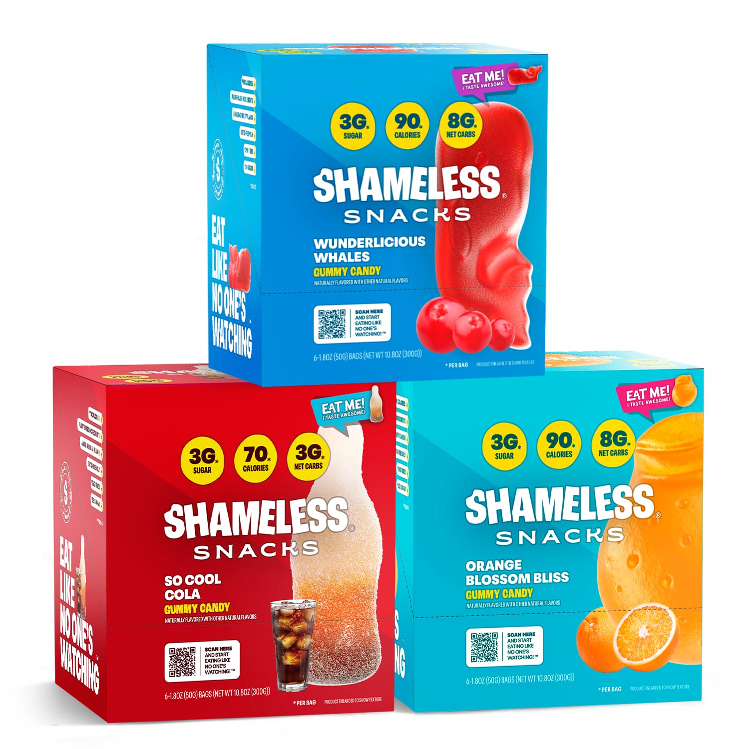 Shameless front packaging showing three-flavor variety and convenience