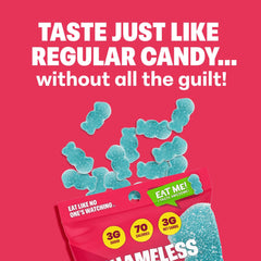 Shameless close-up texture of gummies highlighting chewy texture and tangy taste