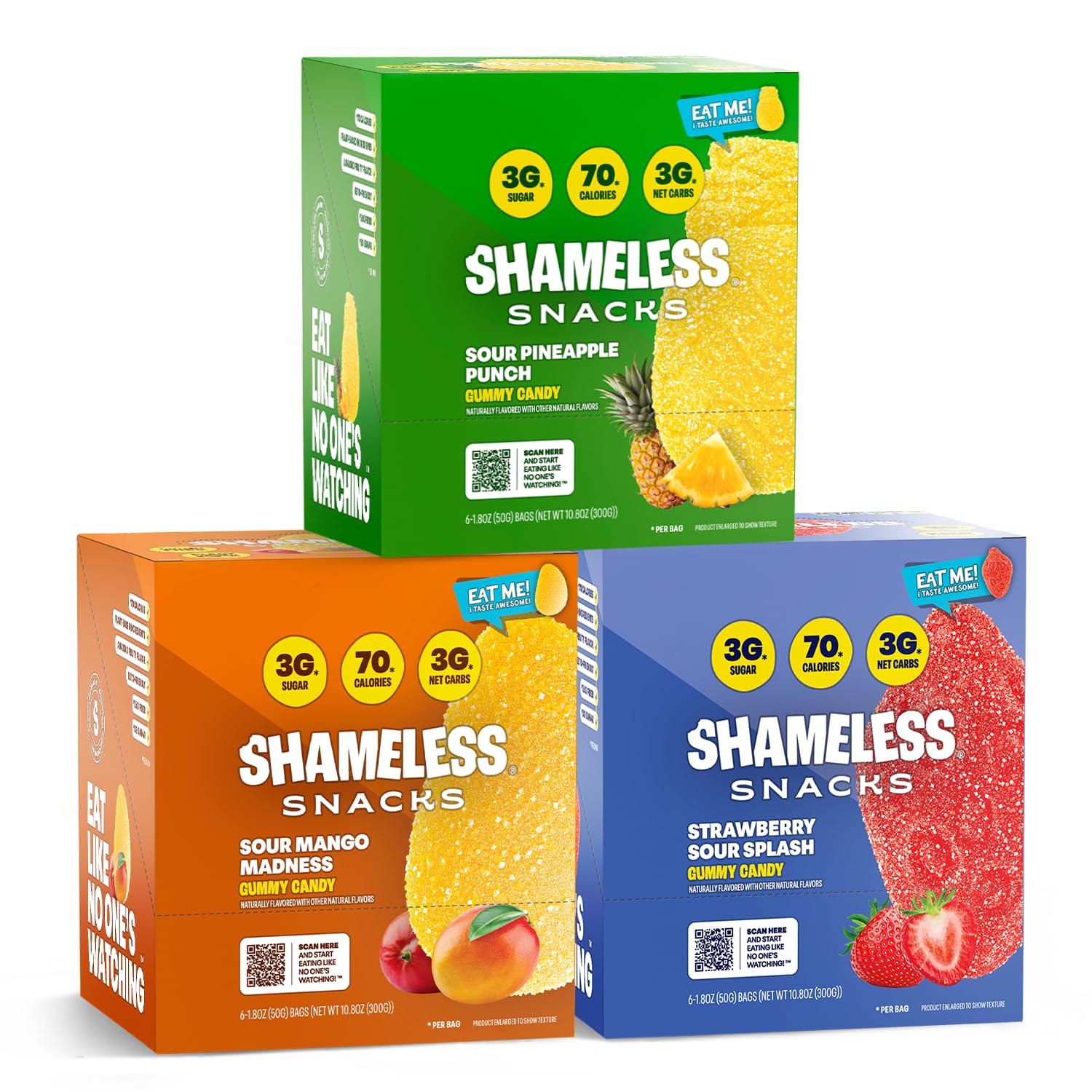 Shameless front packaging showing three-flavor trio and convenient boxes