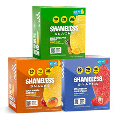 Shameless front packaging showing three-flavor trio and convenient boxes