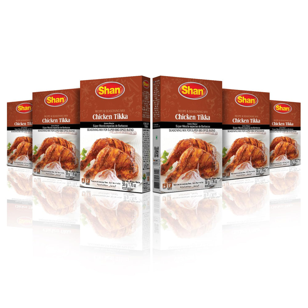 Shan front packaging showing chicken tikka mix and branding for quick cooking
