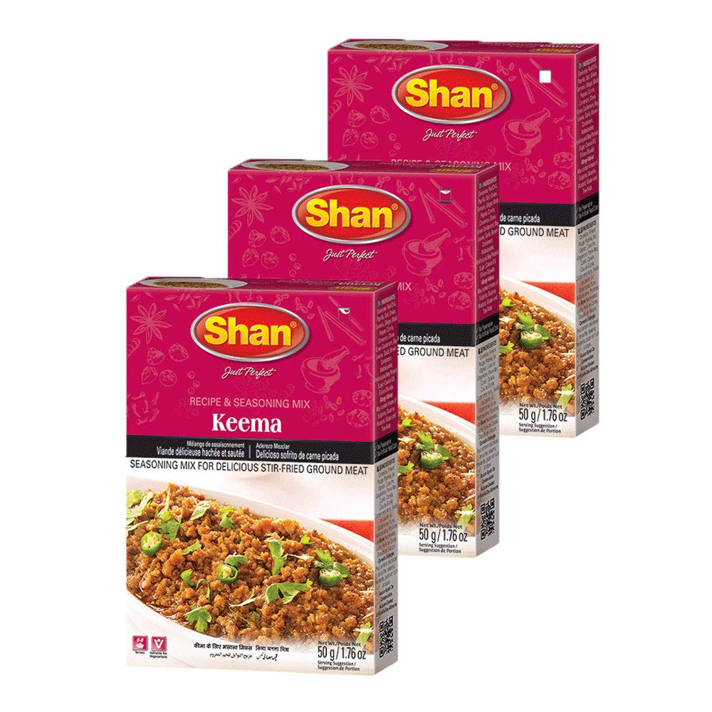 Shan front packaging showing sealed 50g keema sachet and box benefits