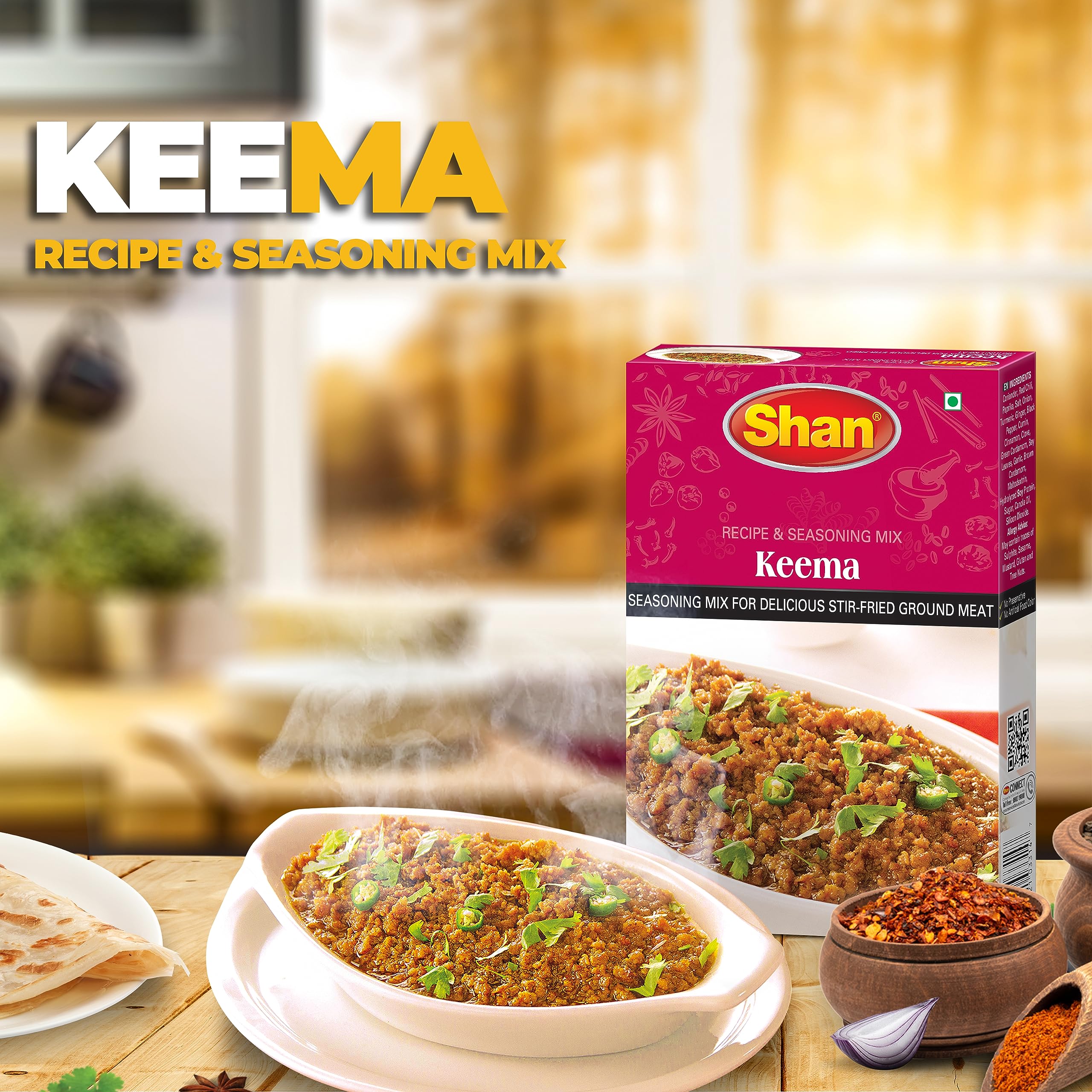 Shan open sachet with golden-brown keema powder ready to season meat