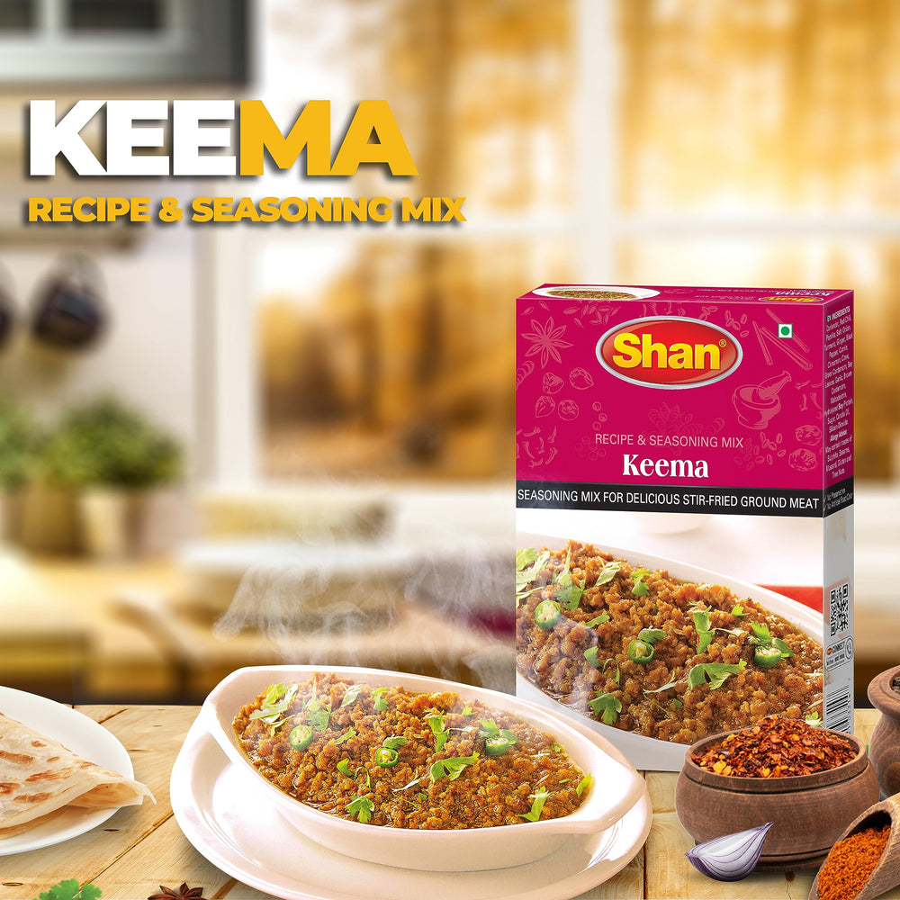 Shan open sachet with golden-brown keema powder ready to season meat