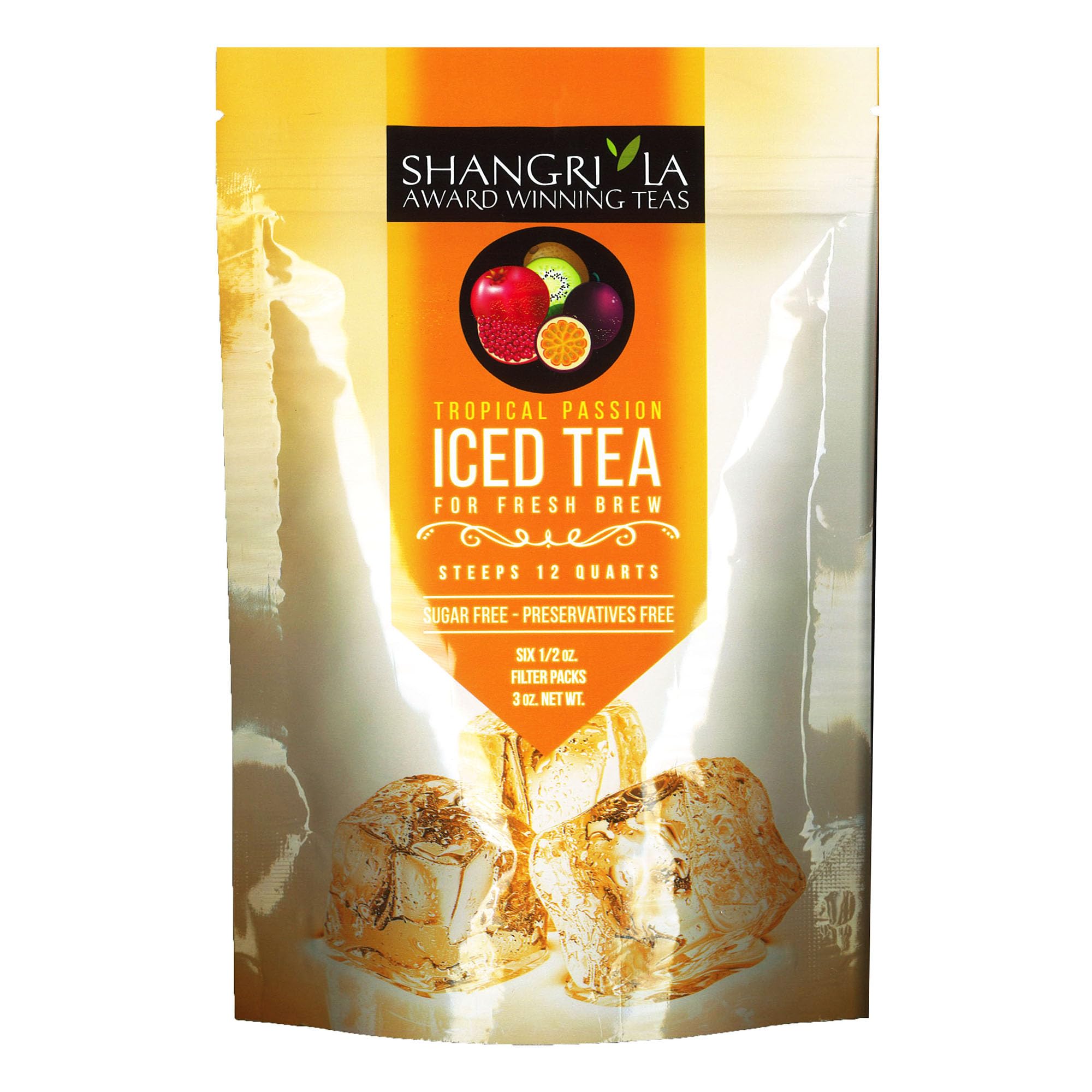 Shangri-La Tea Company front packaging showing tropical design and six pouches, quick selection benefit
