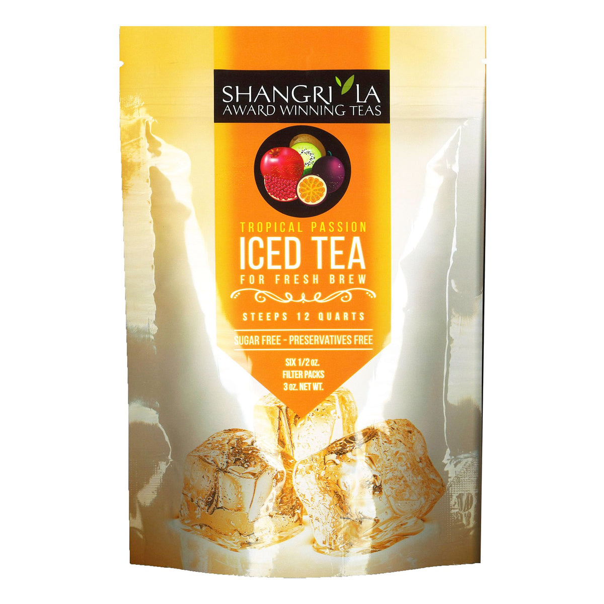 Shangri-La Tea Company front packaging showing tropical design and six pouches, quick selection benefit