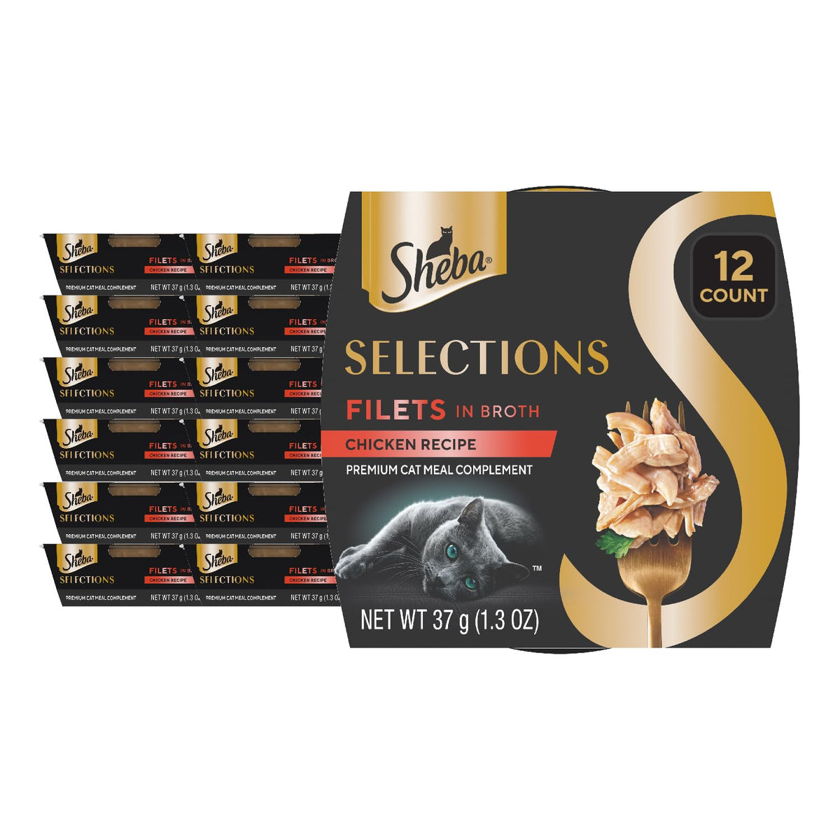 Sheba front packaging showing 12-count cups and premium branding benefit: convenient supply