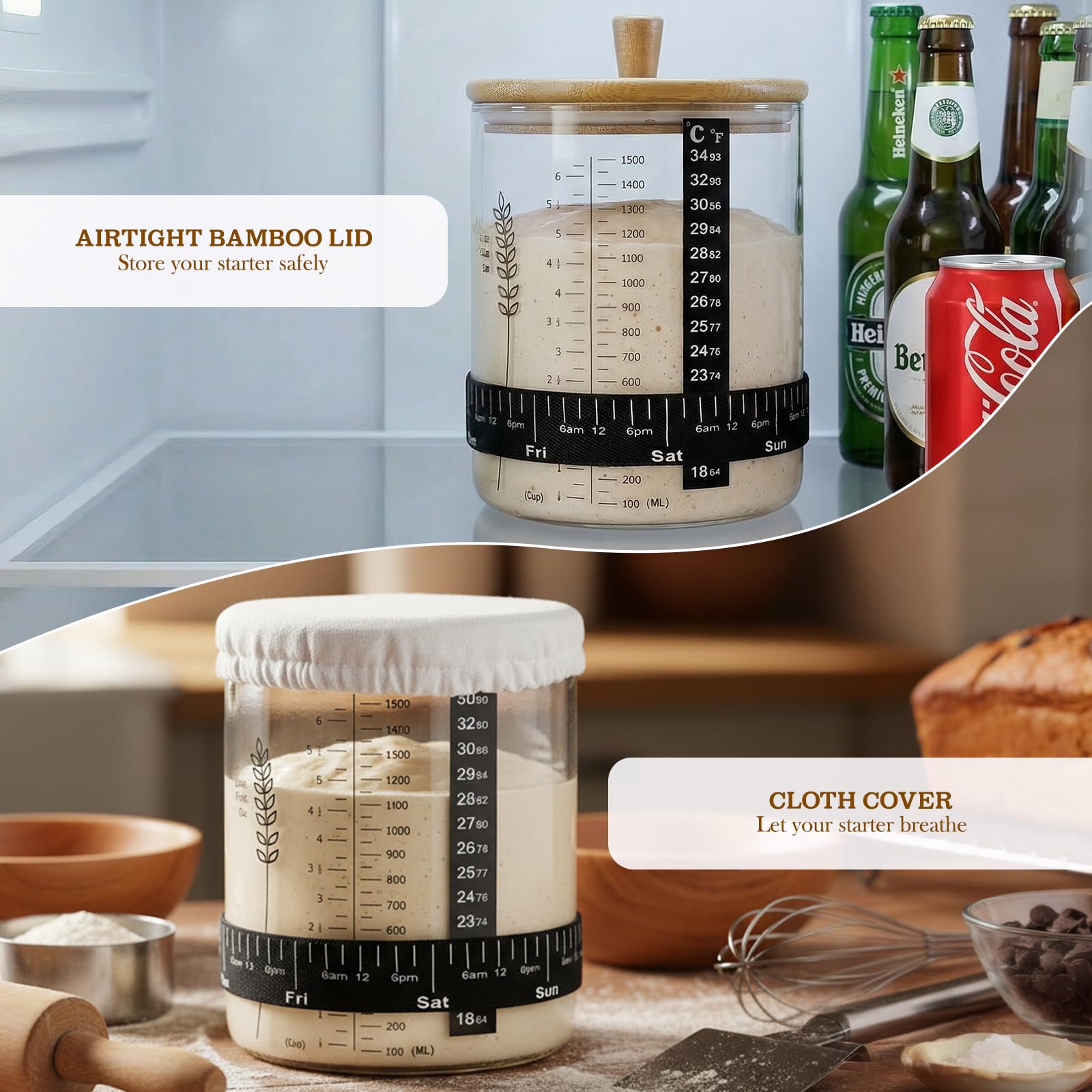 SheeChung jar scale comparison with hand, demonstrates 50oz capacity for multiple loaves