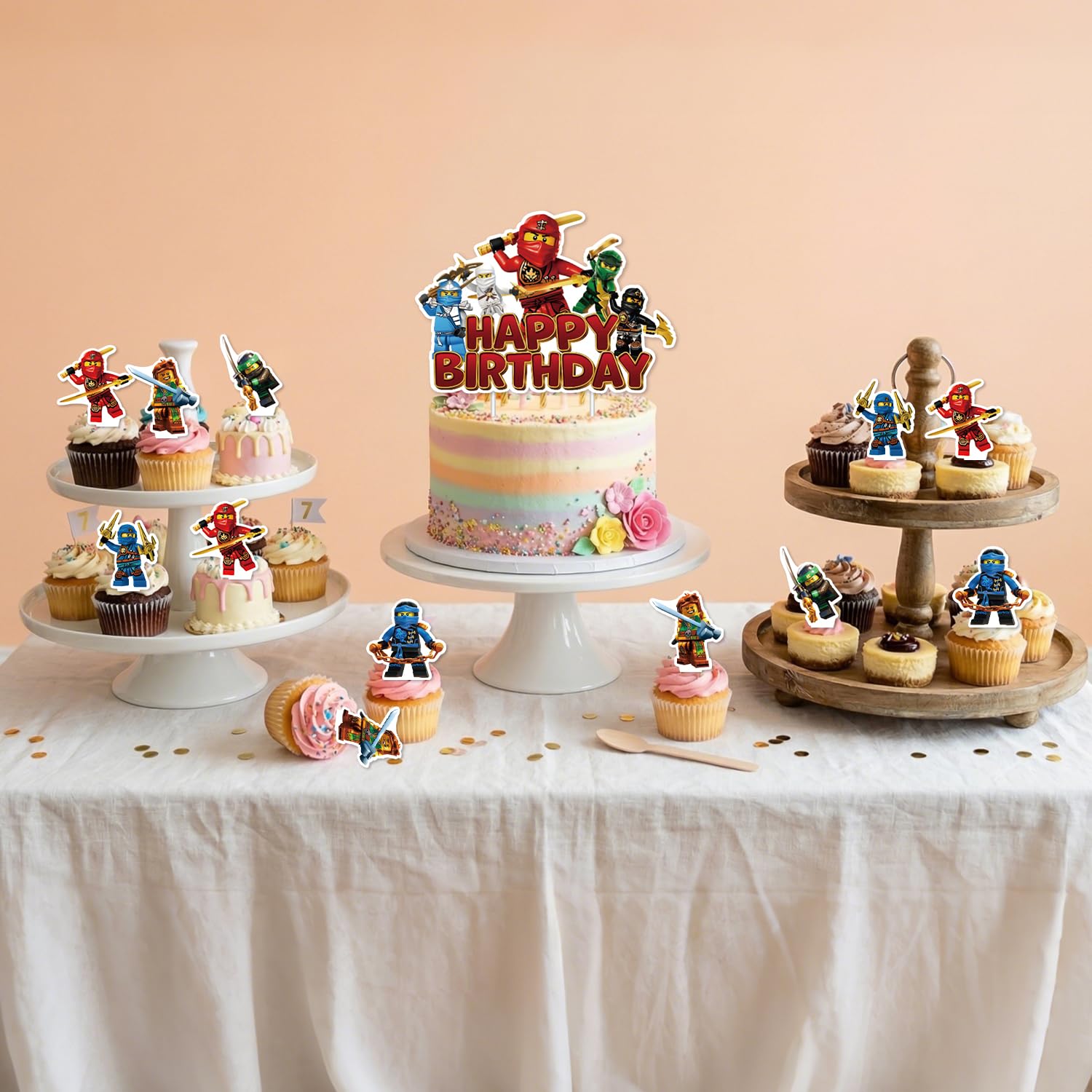 Shifigril ninja toppers on a birthday party table showing coordinated décor for quick, kid-friendly setup