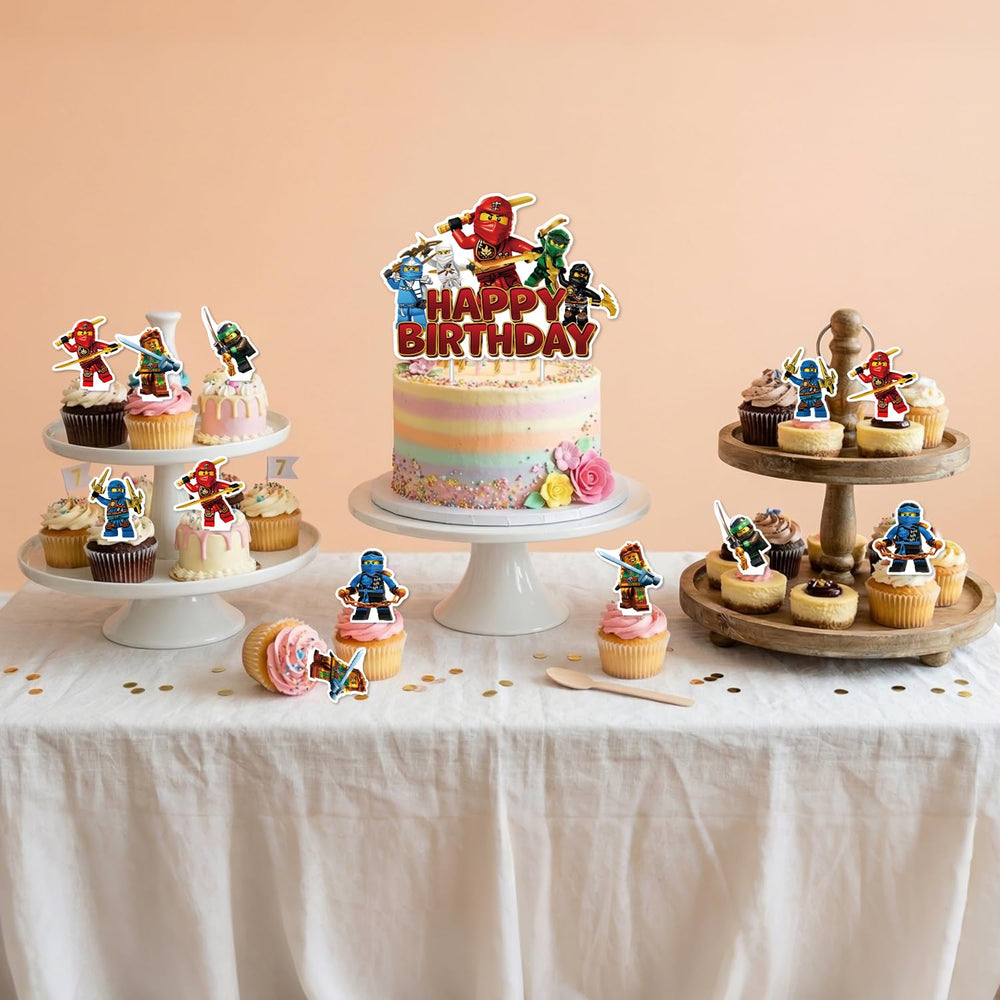 Shifigril ninja toppers on a birthday party table showing coordinated décor for quick, kid-friendly setup