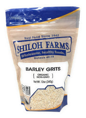 Shiloh Farms front packaging of 12 oz barley grits showing organic label and benefits