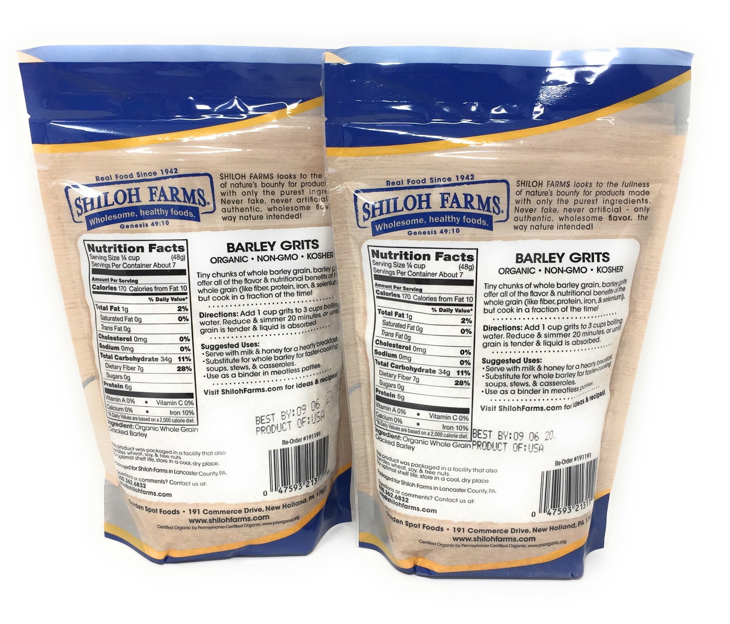 Shiloh Farms barley grits next to measuring cup showing 12 oz size and portion guidance