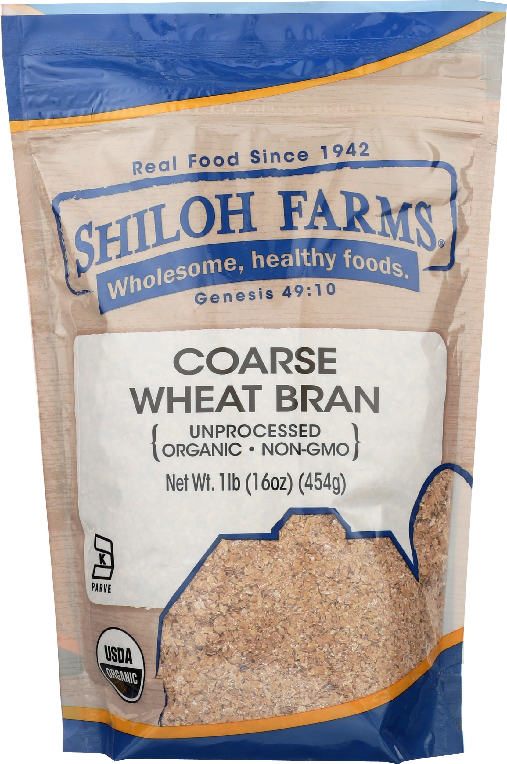 Shiloh Farms front packaging showing 16 oz organic coarse bran, clear pantry labeling benefit