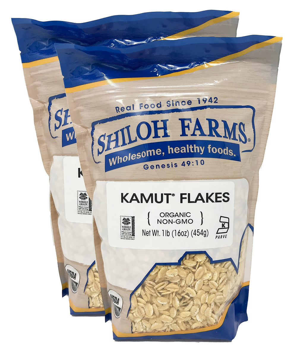 Shiloh Farms front packaging showing organic kamut flakes benefits