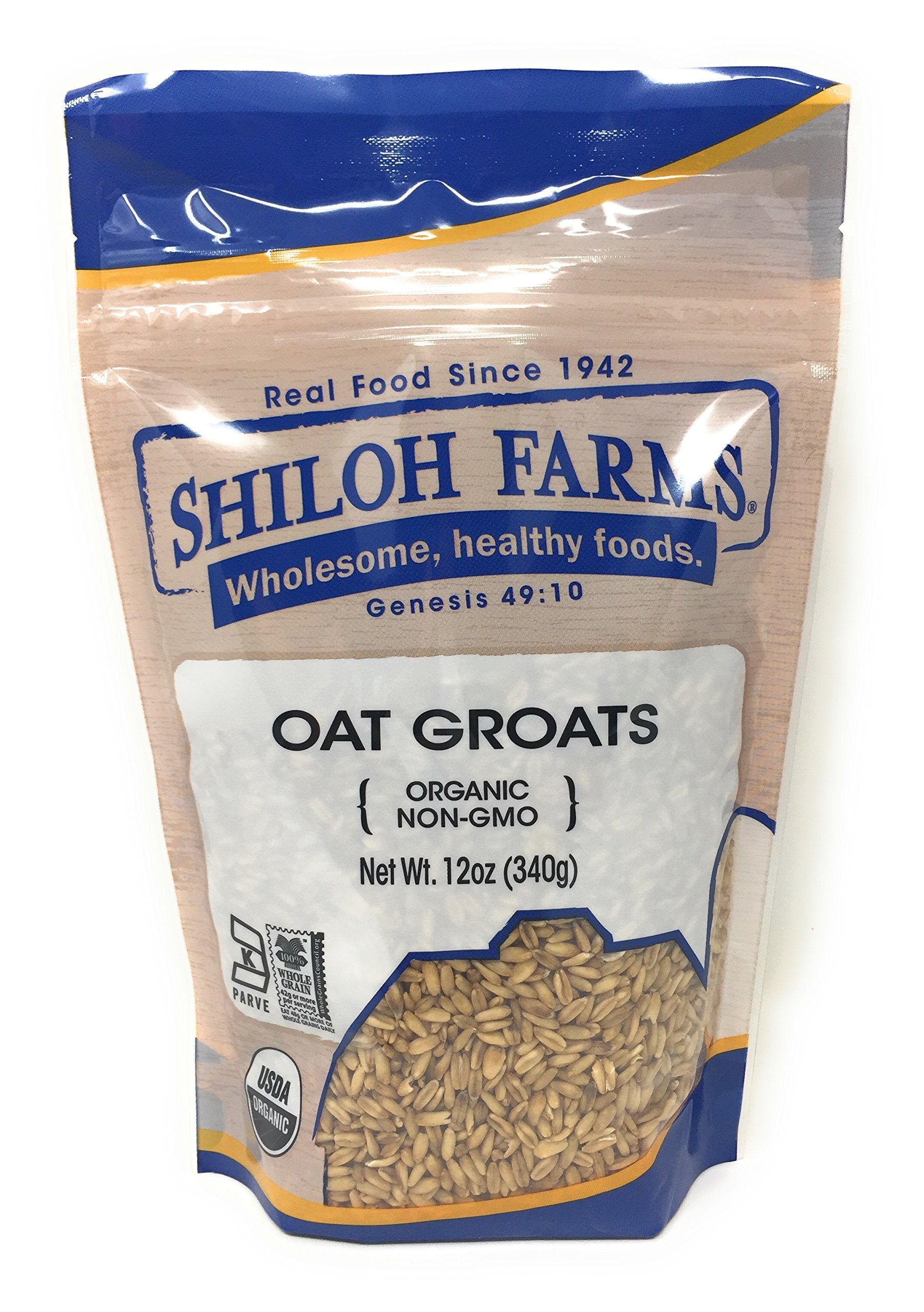 Shiloh Farms front packaging showing organic oat groats and label benefits