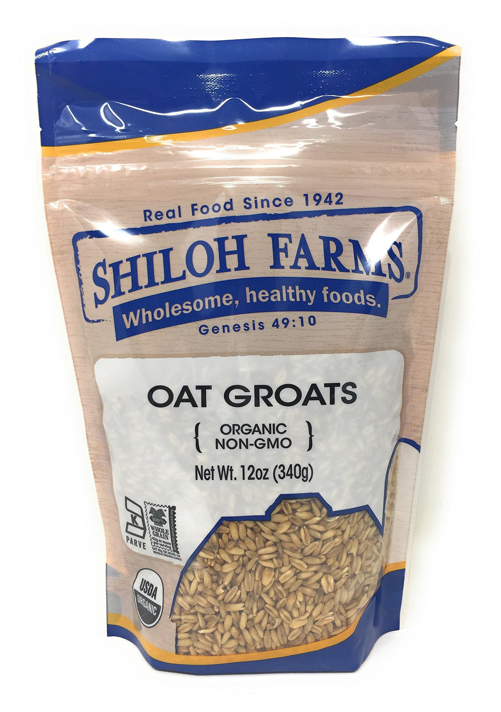 Shiloh Farms front packaging showing organic oat groats and label benefits