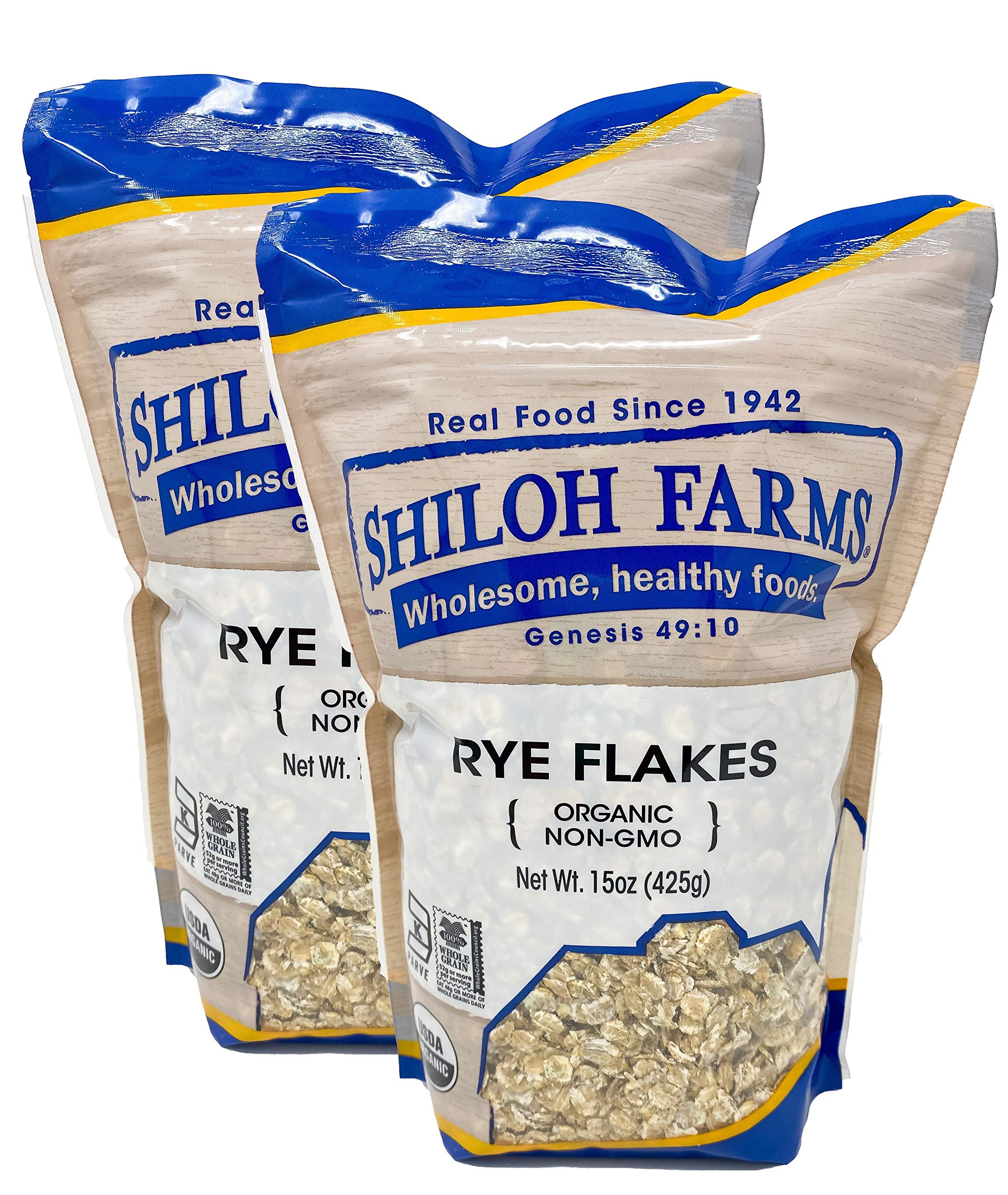 Shiloh Farms front packaging of organic rye flakes showing label and 15 oz two-pack benefit