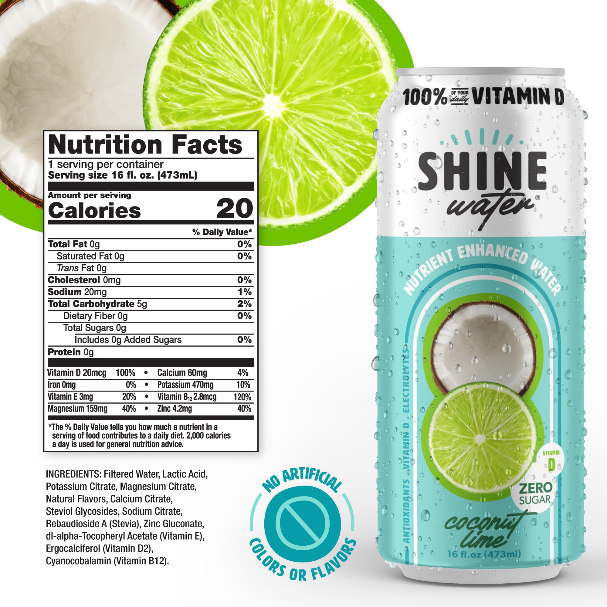 ShineWater coconut lime side label detail highlighting nutrient facts and ingredients