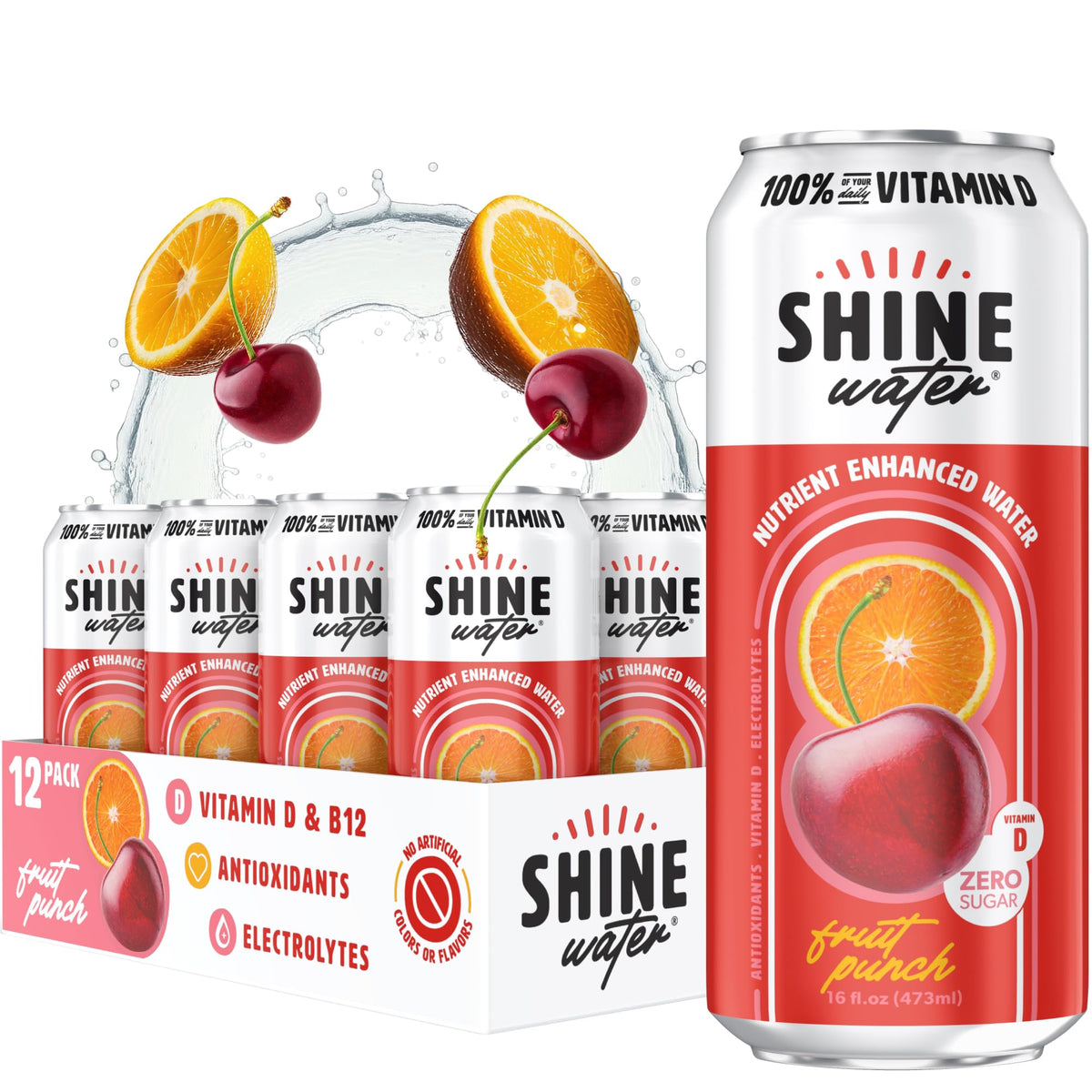 ShineWater 12-pack front packaging showing Fruit Punch cans and nutrition benefits