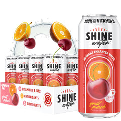 ShineWater 12-pack front packaging showing Fruit Punch cans and nutrition benefits