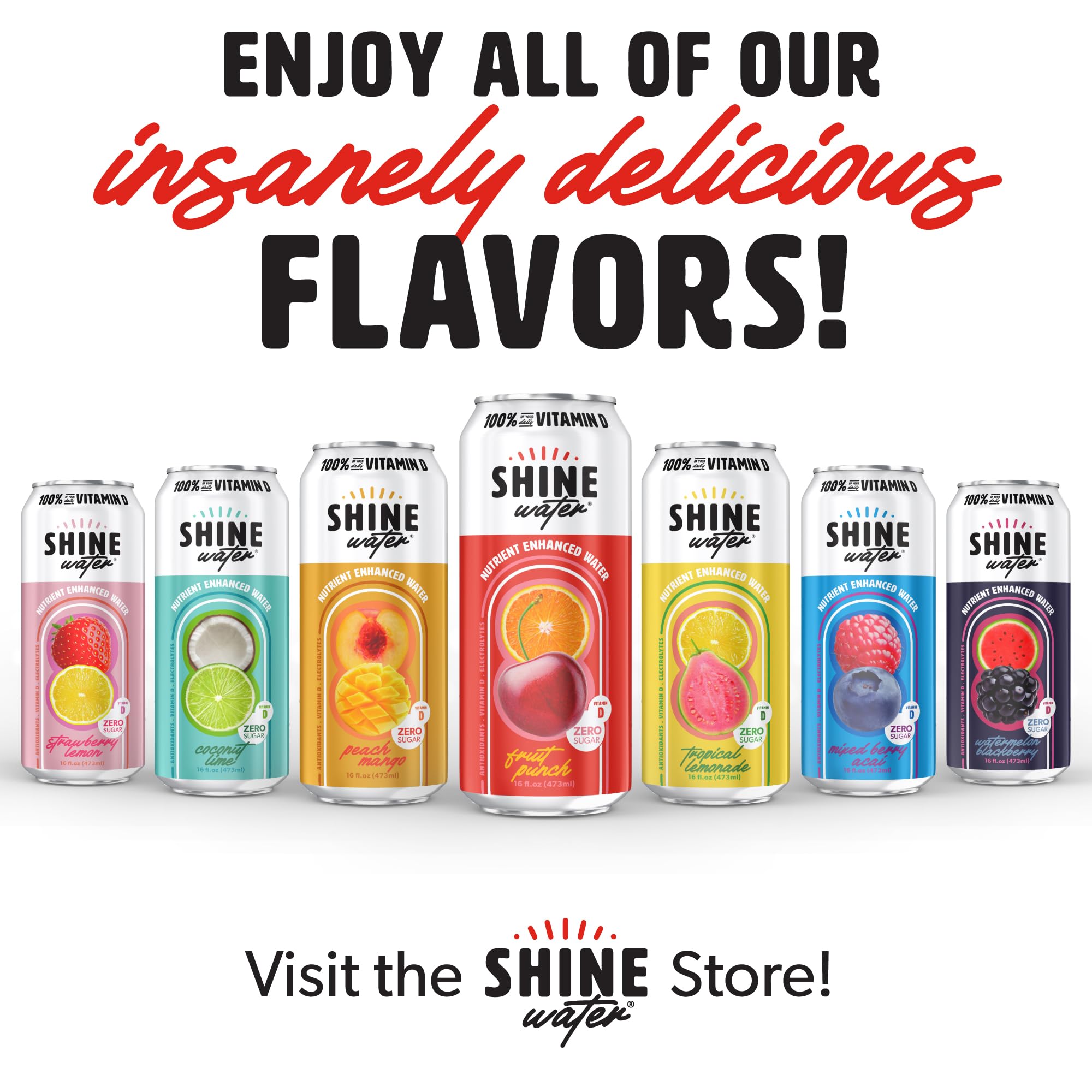 ShineWater cans in a fridge lifestyle scene showing ready-to-drink daily hydration