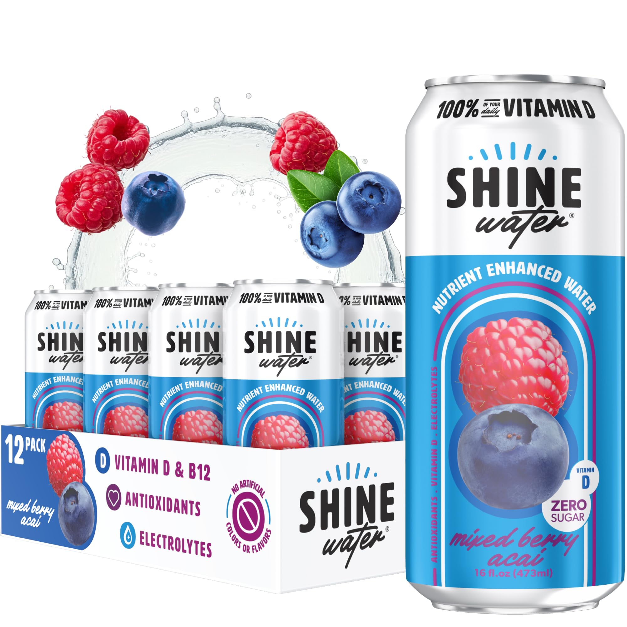 ShineWater can front view showing Mixed Berry Acai flavor and benefits